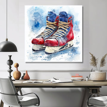 Red Blue Watercolor Hockey Skates - Sport Hockey Canvas Wall Art